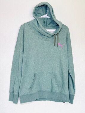 Puma Hoodie Women's L Cowl Neck Sweatshirt Pocket Aqua Mint Logo Loungewear Soft